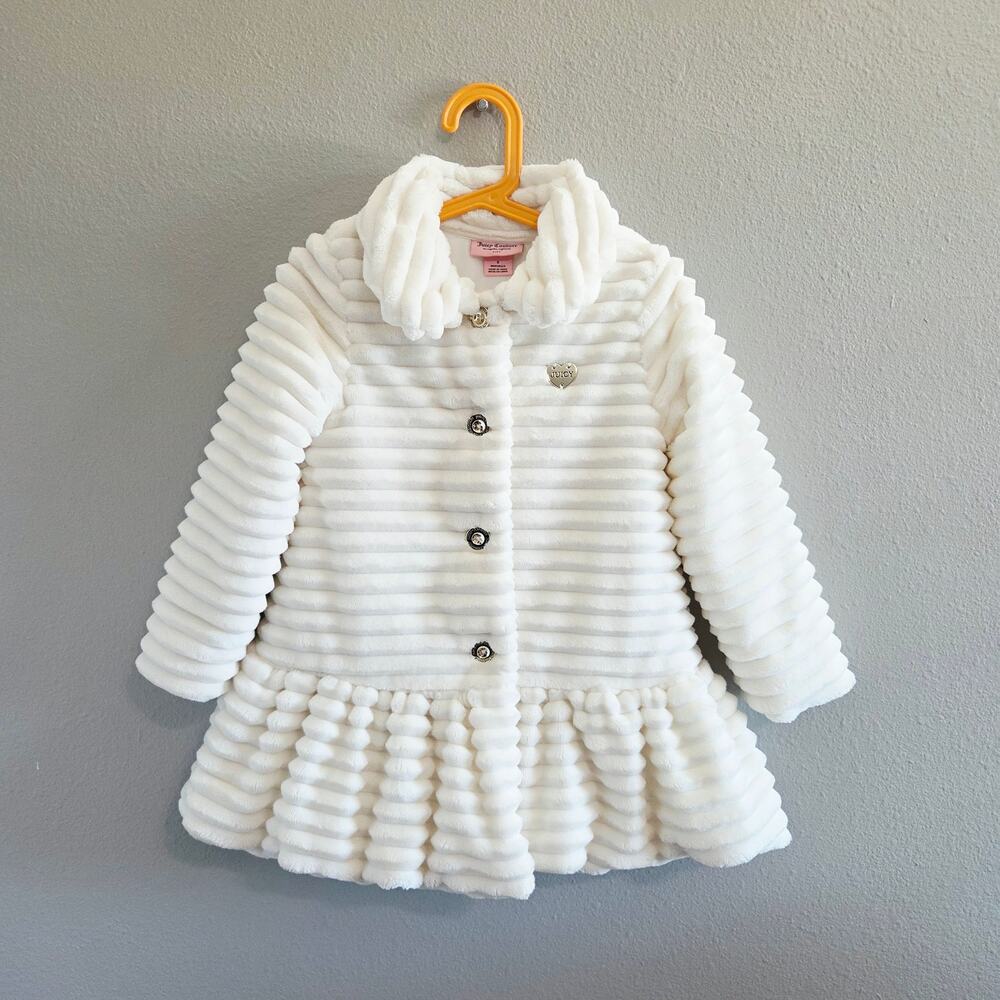 Juicy Couture Girls Faux Fur Ribbed Winter Coat With Ruffled Hem- Size 5 - Cream